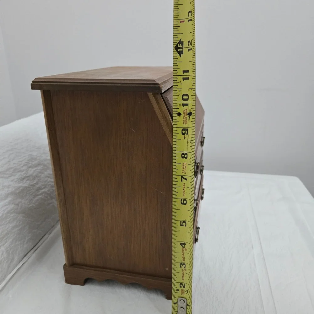 Vintage Wooden Miniature Secretary Desk Jewelry Box 4 Drawer Brass Pulls Brown
